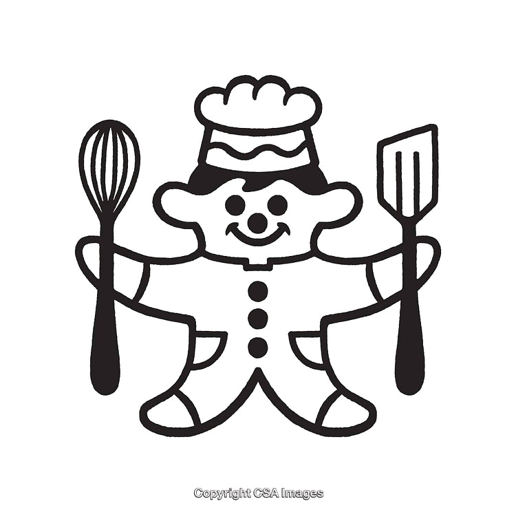 Black and White Line Art of a Chef with Utensils