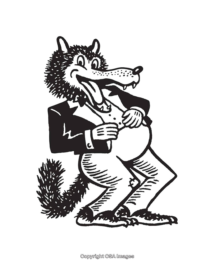 Anthropomorphic Dressed Wolf Character in Vintage Black and White Style