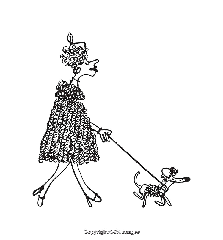 Stylized Black and White Sketch of Woman Walking Dog on Leash