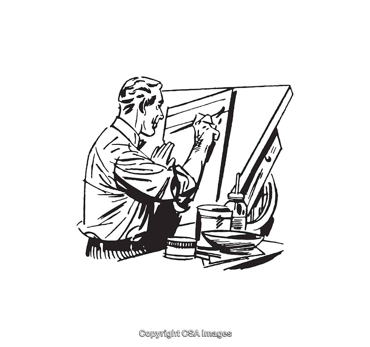Vintage Illustration of Man Working at Drawing Desk in Black and White