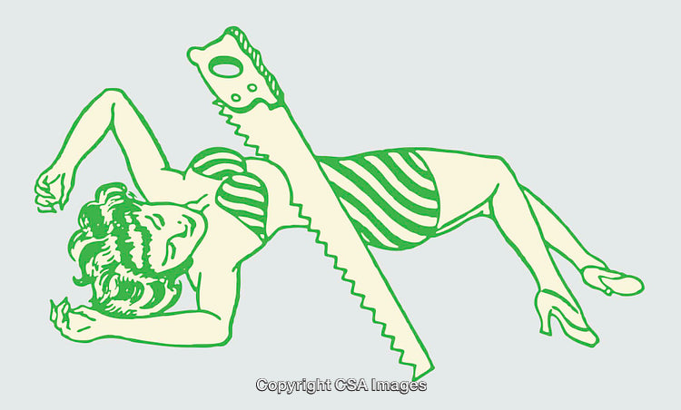 Retro Green Line Art of a Woman with a Saw Illustration