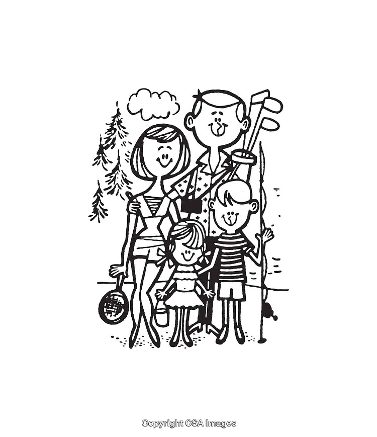 Black and White Illustration of a Happy Family Outdoors Recreation Scene