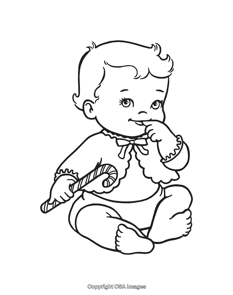 Black and White Illustration of a Cute Baby with Candy Cane