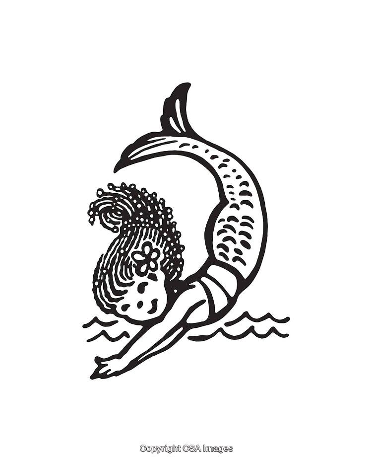 Black And White Line Art Illustration of a Mermaid in the Ocean