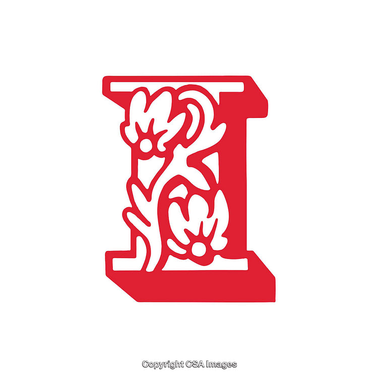 Intricate Red Floral Letter I Design on a White Background