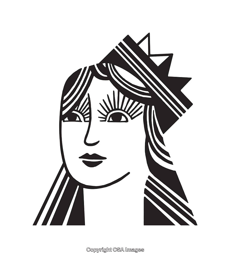 Black and White Line Art Illustration of a Woman Wearing a Crown