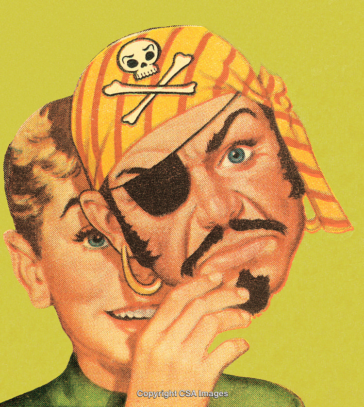 Retro Artwork of Person Holding Pirate Mask Against Vintage Yellow Background