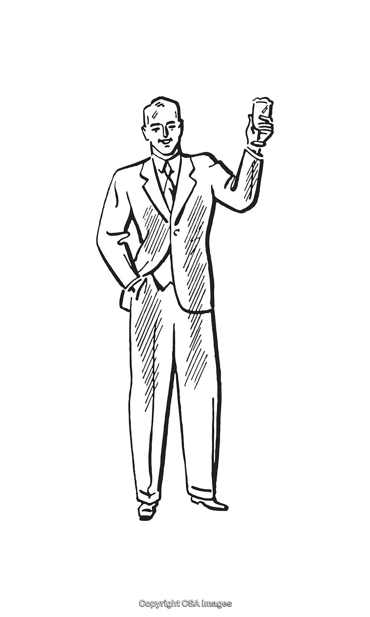 Man in Suit Holding a Drink in Black and White Illustration