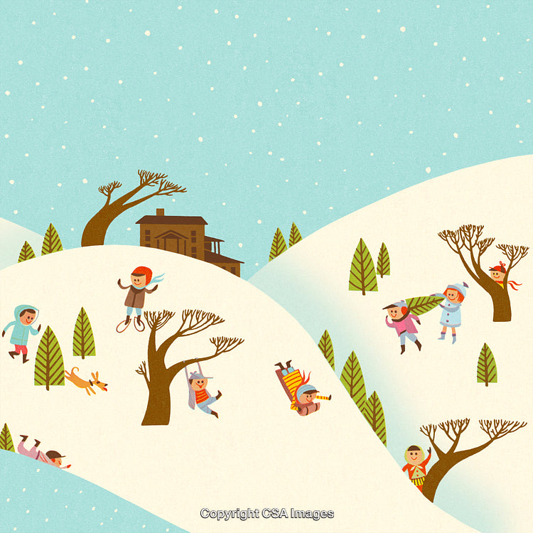 Children Playing in Snowy Landscape with Hills and Trees