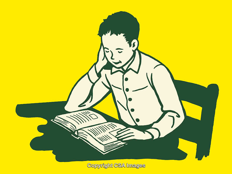 Illustration of Person Reading a Book at a Desk in Green and Yellow