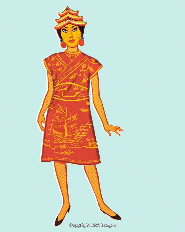 Illustration of Woman in Traditional Red Dress with Detailed Pattern and Headpiece
