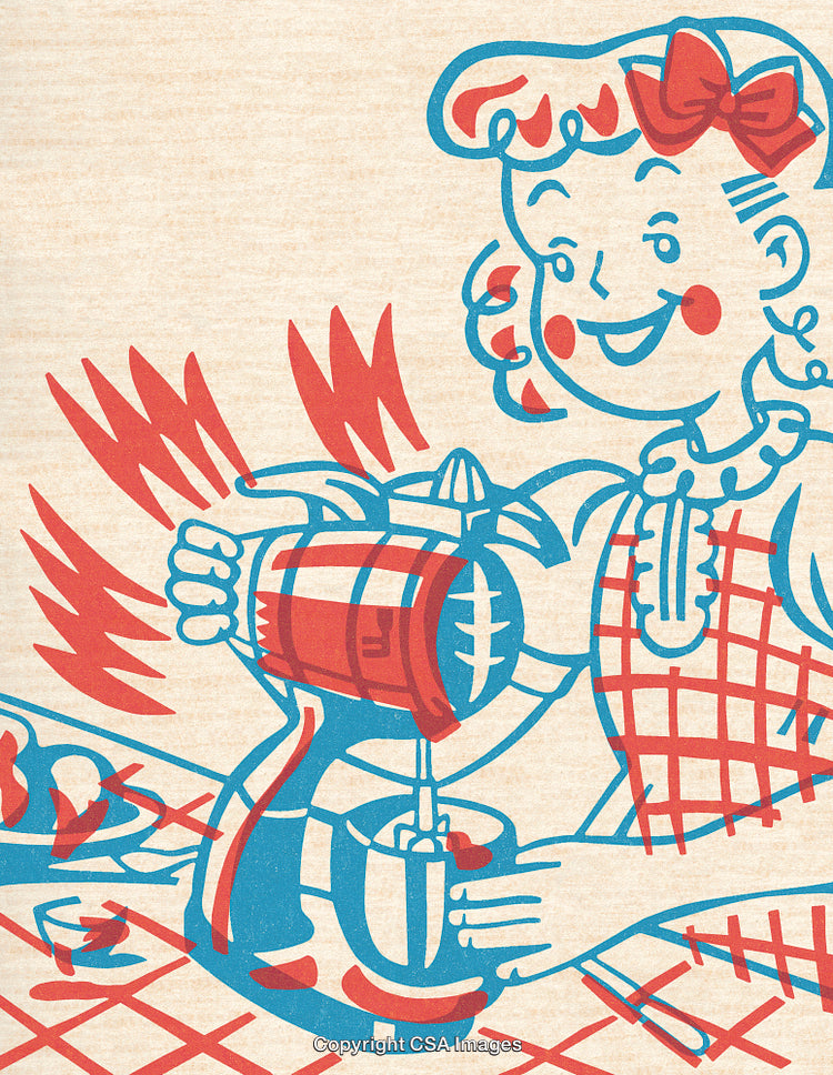 Retro Illustration of a Woman Using a Blender in a Cheerful Kitchen Setting