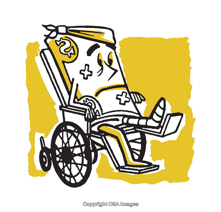 Cartoon Illustration of a Playful Character in a Wheelchair with Bandages