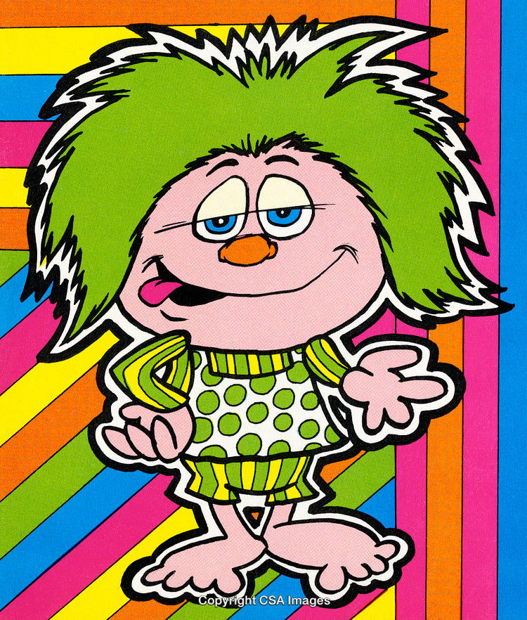 Cartoon Character with Green Hair on a Colorful Striped Background