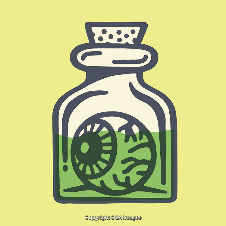 Illustration of an Eyeball in a Jar With Green Liquid