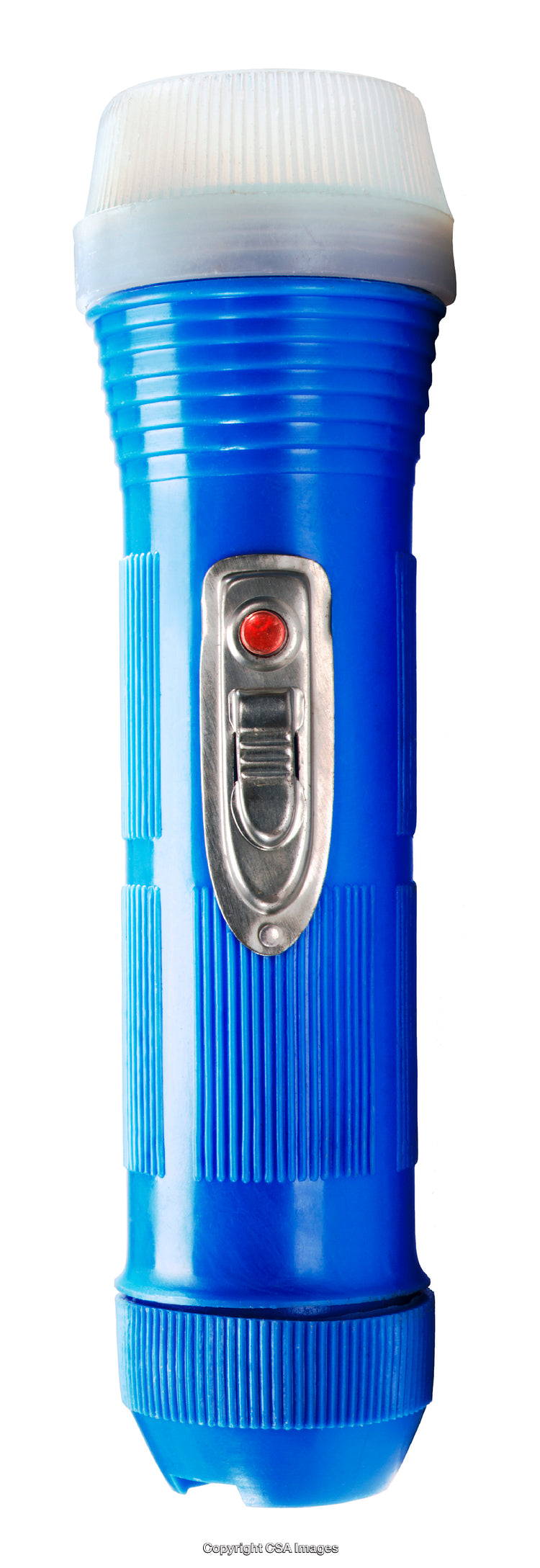 Blue Plastic Flashlight with Red Button Isolated on a White Background