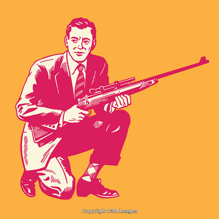 Retro Style Line Art of Man Posing with Rifle on Colorful Background