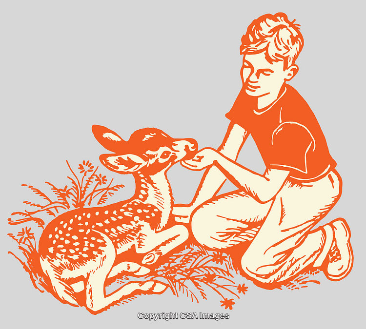 Color Illustration of a Boy Feeding a Baby Deer Outdoors