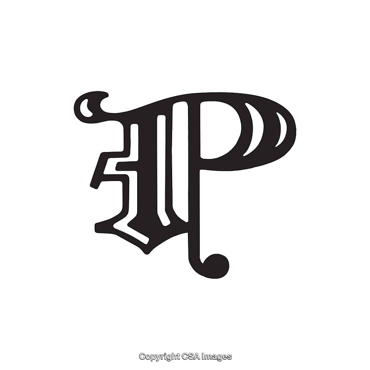 Decorative Letter P in Black Stylized Font on White Background