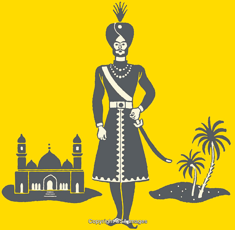 Cultural Illustration of an Indian Figure with Architectural and Natural Elements