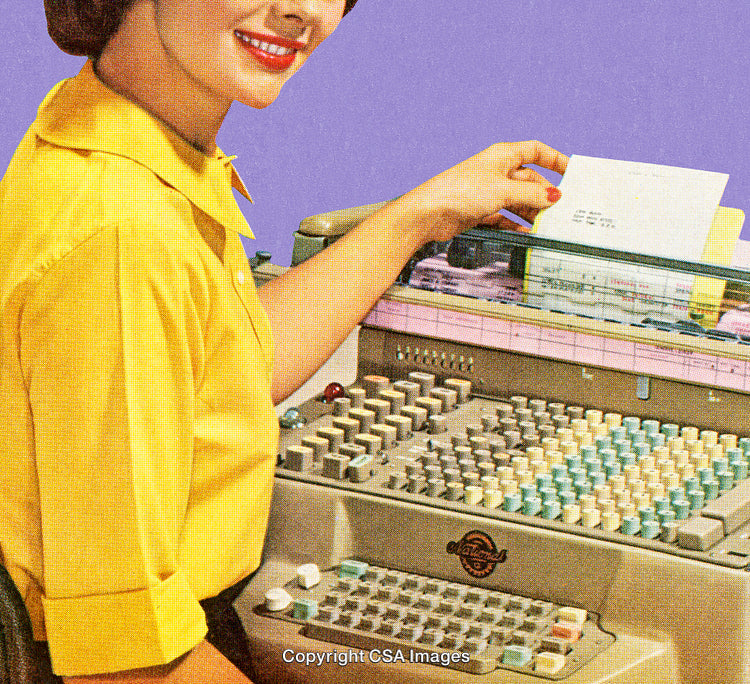Vintage Office Worker Operating a Retro Accounting Machine in Yellow Shirt
