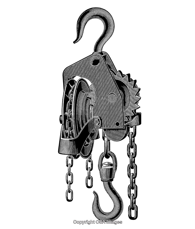 Vintage Engraving of Mechanical Pulley With Chains and Hooks