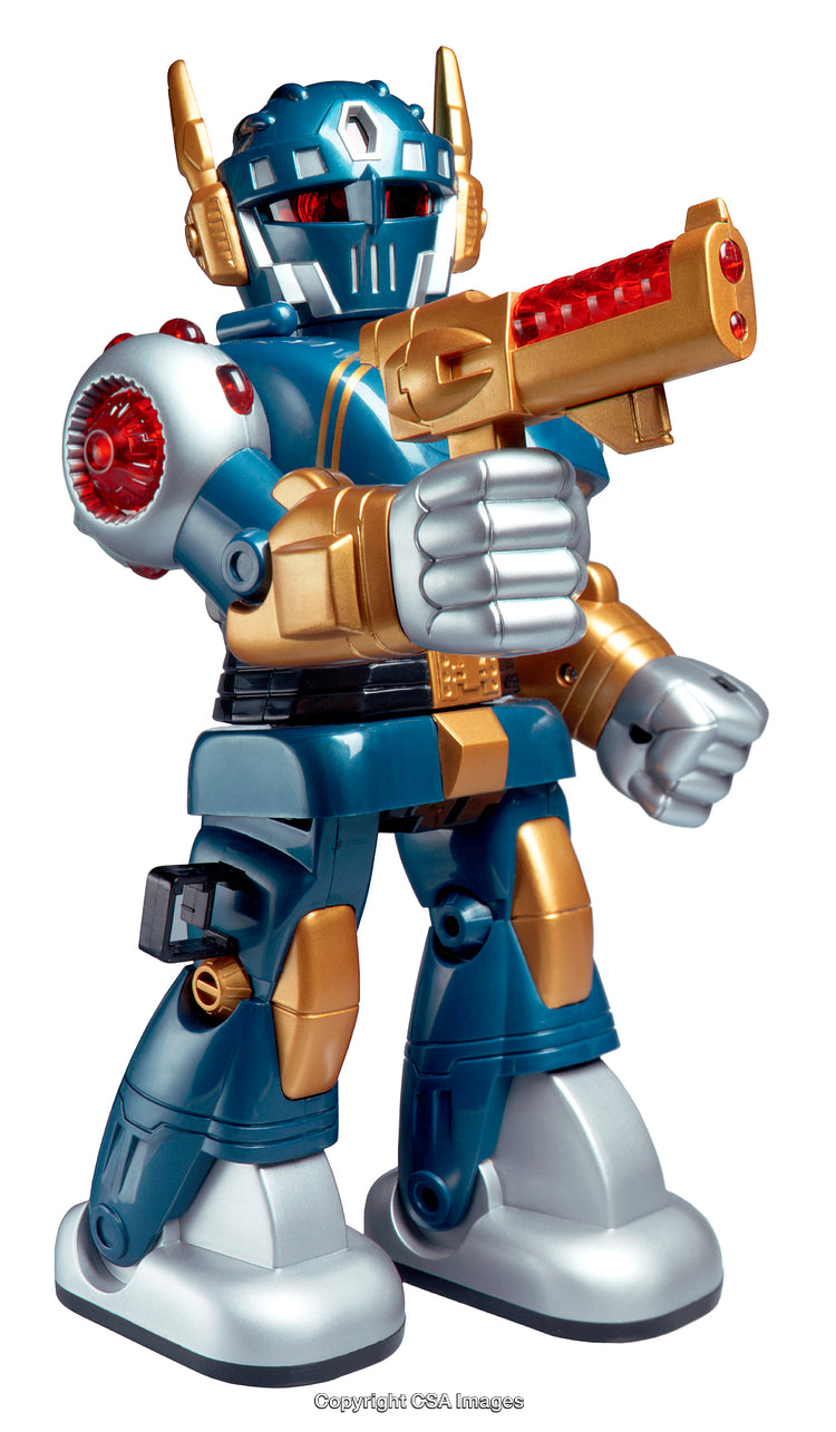 Colorful Toy Robot Figure with Golden Accents and Laser Gun