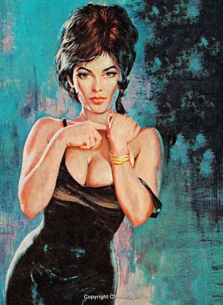 Elegant Woman in Evening Outfit Showing Bold and Confident Stance on Abstract Background