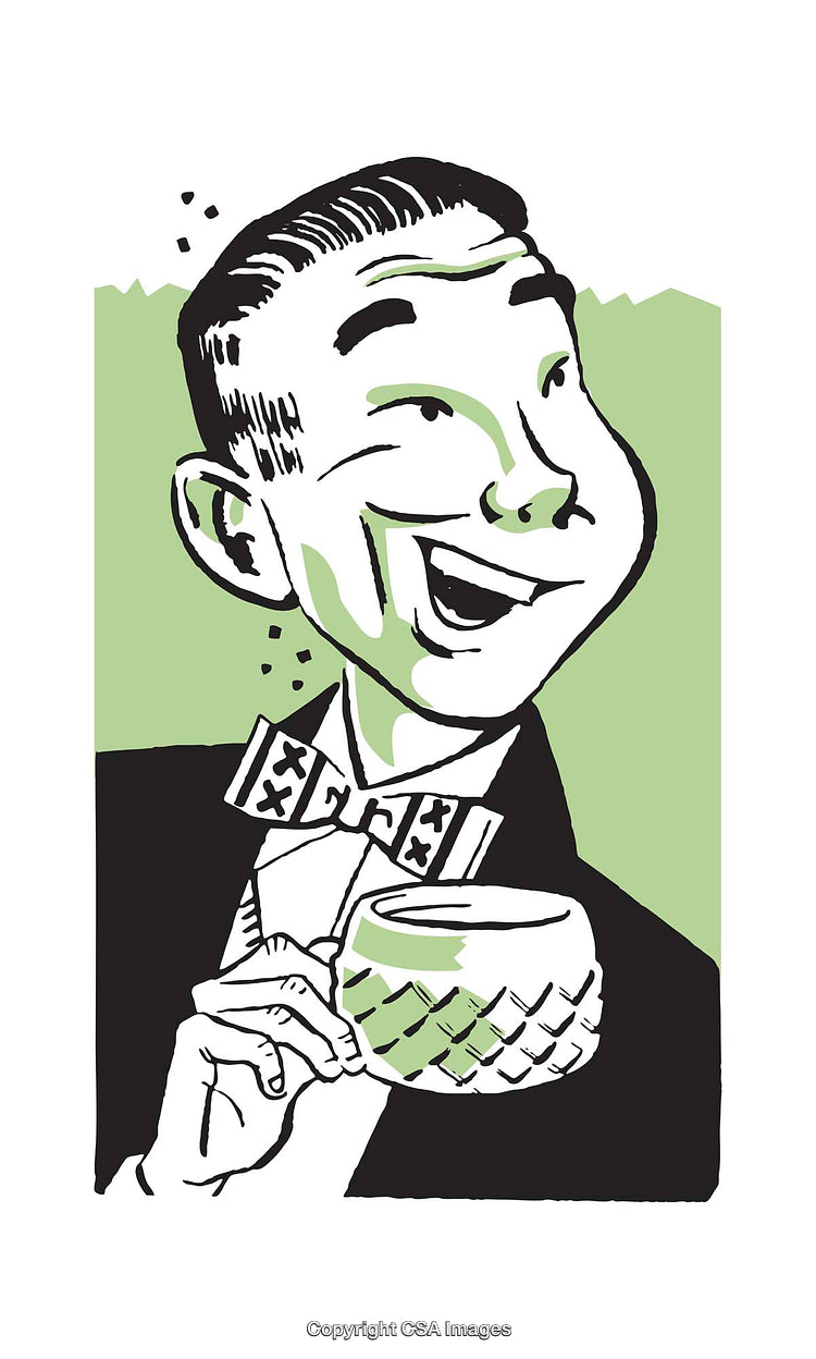 Colorful Retro Illustration of a Smiling Man Holding a Unique Drink