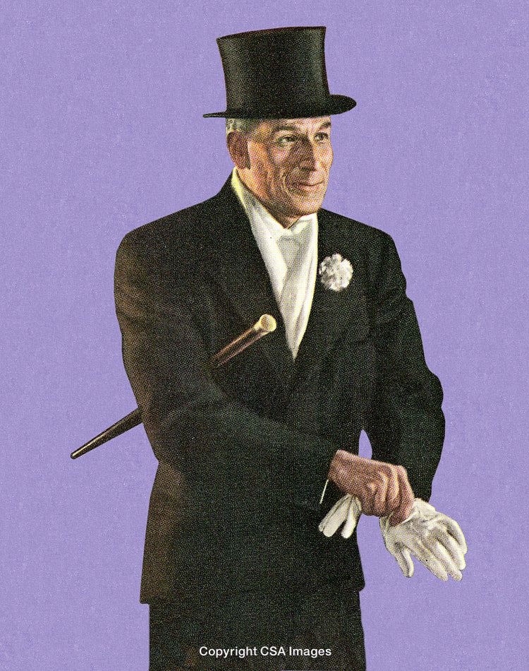 Elegant Gentleman in Formal Attire Including Top Hat and Gloves