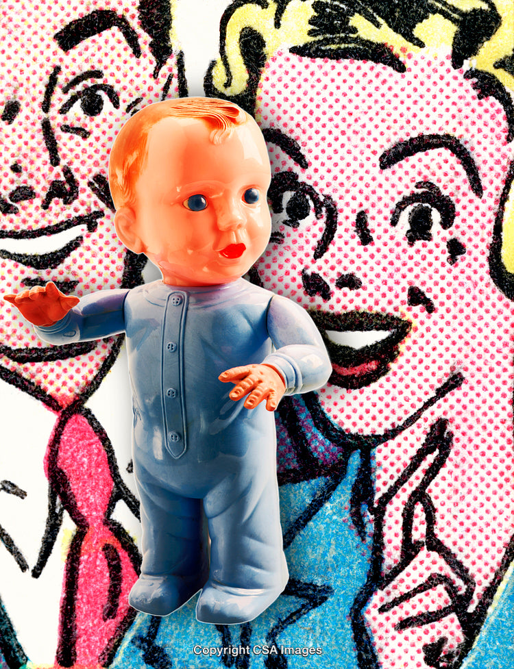 Vintage Plastic Baby Doll with Pop Art Comic Background