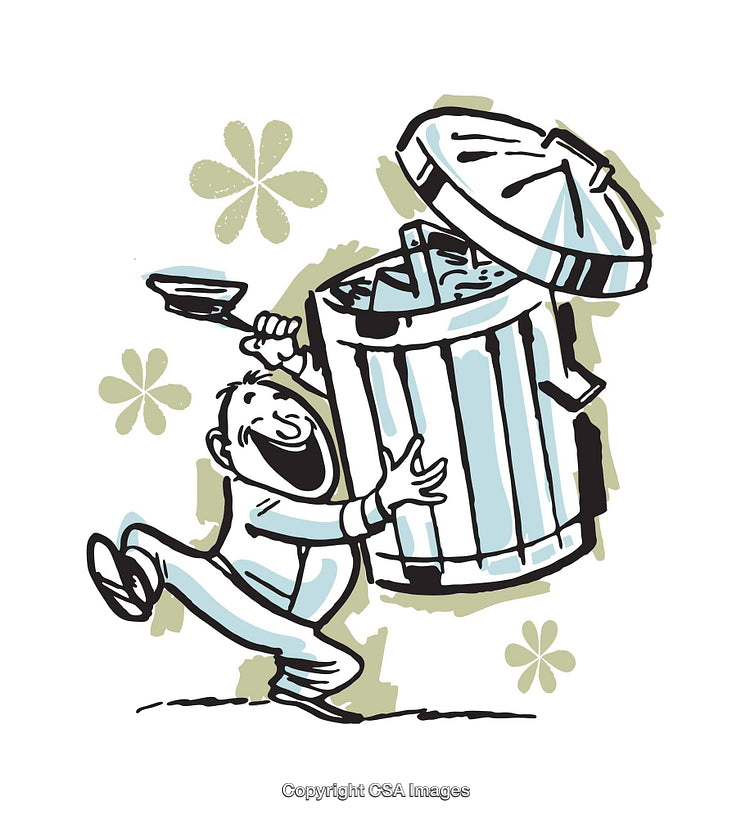 Cheerful Cartoon Character Playing Funfully Near a Trash Can Illustration