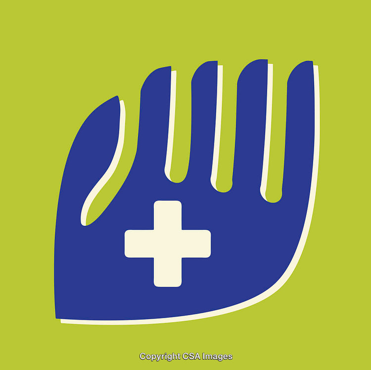 Blue Hand With White Cross in Minimalist Style Illustration