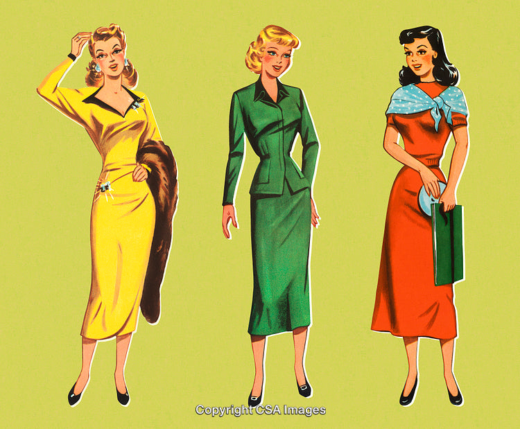 Vintage Illustration of Stylish Women in Classic Fashionable Outfits