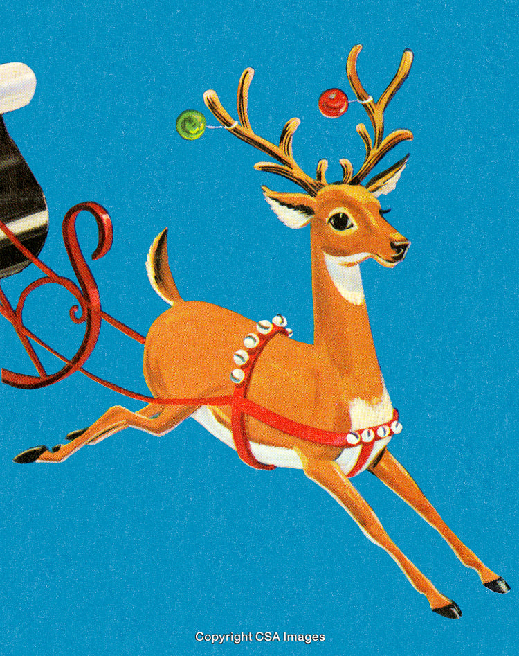Vintage Illustration of a Festive Reindeer Pulling a Sleigh on Christmas