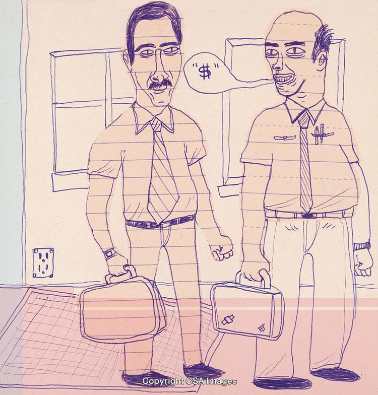 Two Cartoon Businessmen Conversing Indoors With Briefcases