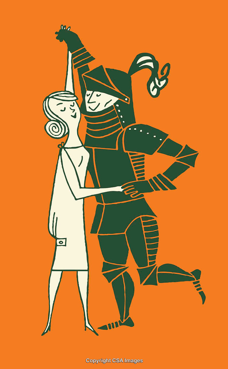 Romantic Dance Between Lady and Armored Knight on Vibrant Orange Background