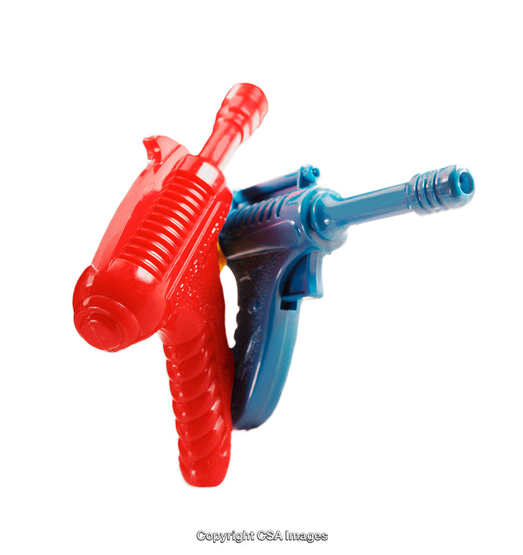Pair of Colorful Plastic Toy Water Guns on Isolated White Background