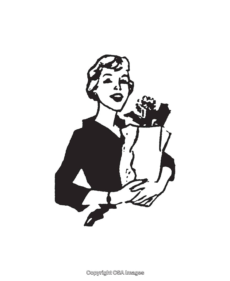 Vintage Black and White Drawing of a Woman with Groceries