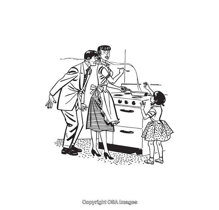 Vintage Family Cooking Scene in Black and White Line Art Illustration