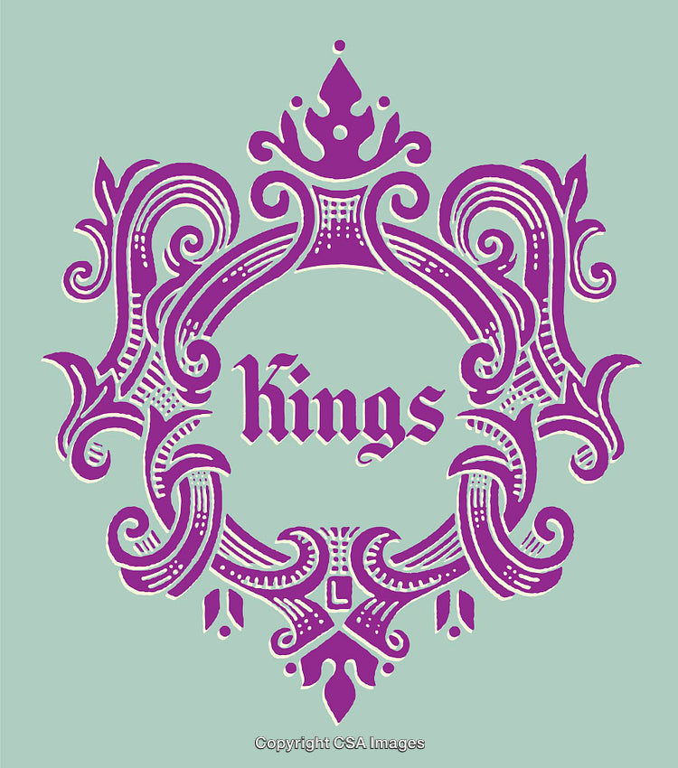 Regal Ornamental Design with Kings Text in Vibrant Purple on Light Background