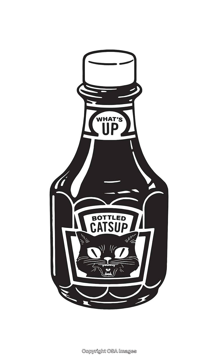 Black And White Illustration of a Whimsical Catsup Bottle Design