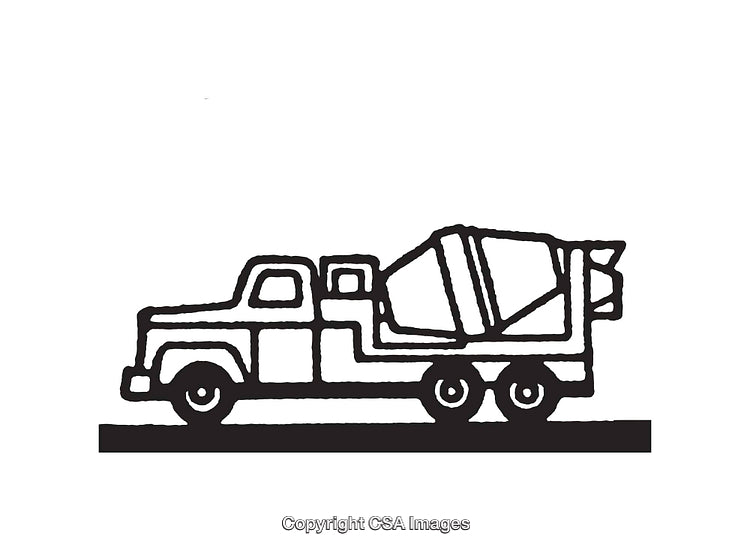 Black and White Line Illustration of a Cement Mixer Truck