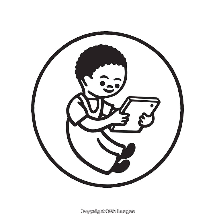 Black and White Illustration of a Child Using a Tablet Device
