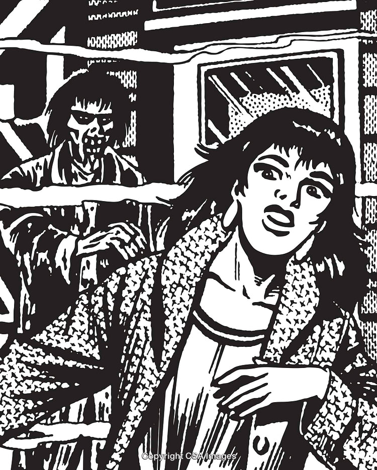 Retro Horror Comic Illustration Featuring a Woman and a Creepy Pursuer