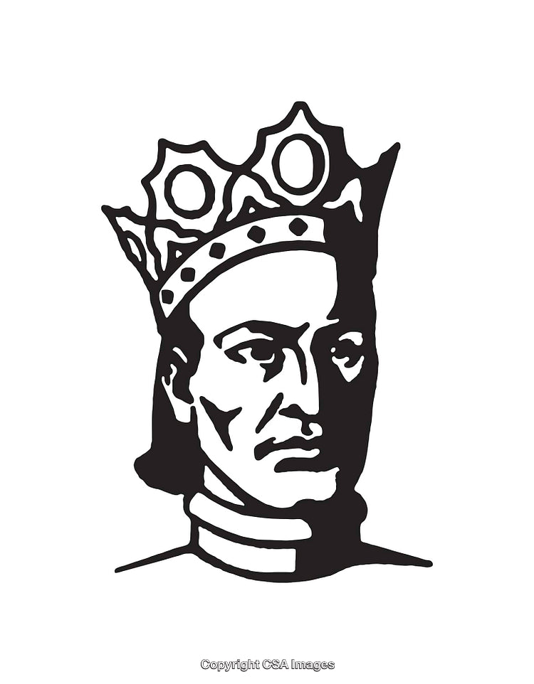 Black and White Line Art of a Crowned Royal Figure Illustration