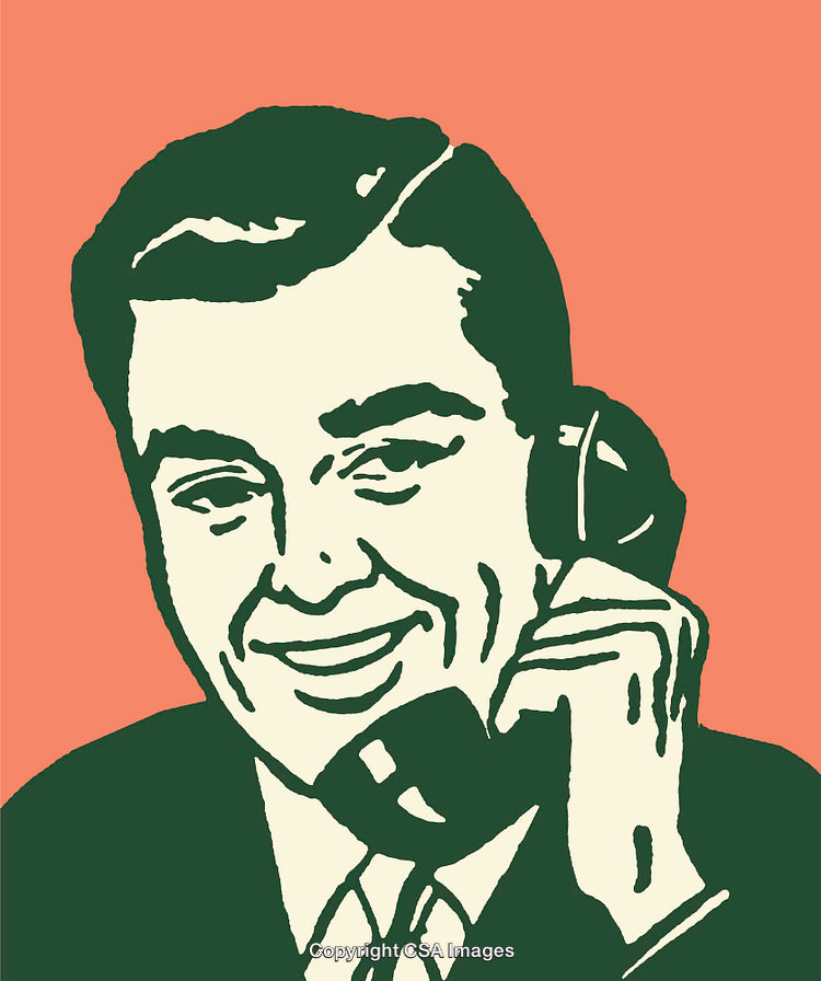 Retro Styled Illustration of Smiling Man Talking on Telephone in Color