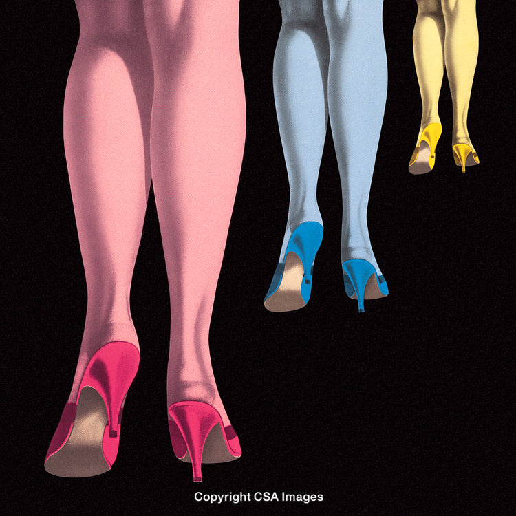 Colorful High-Heeled Shoes on Stylized Legs Against a Bold Black Background