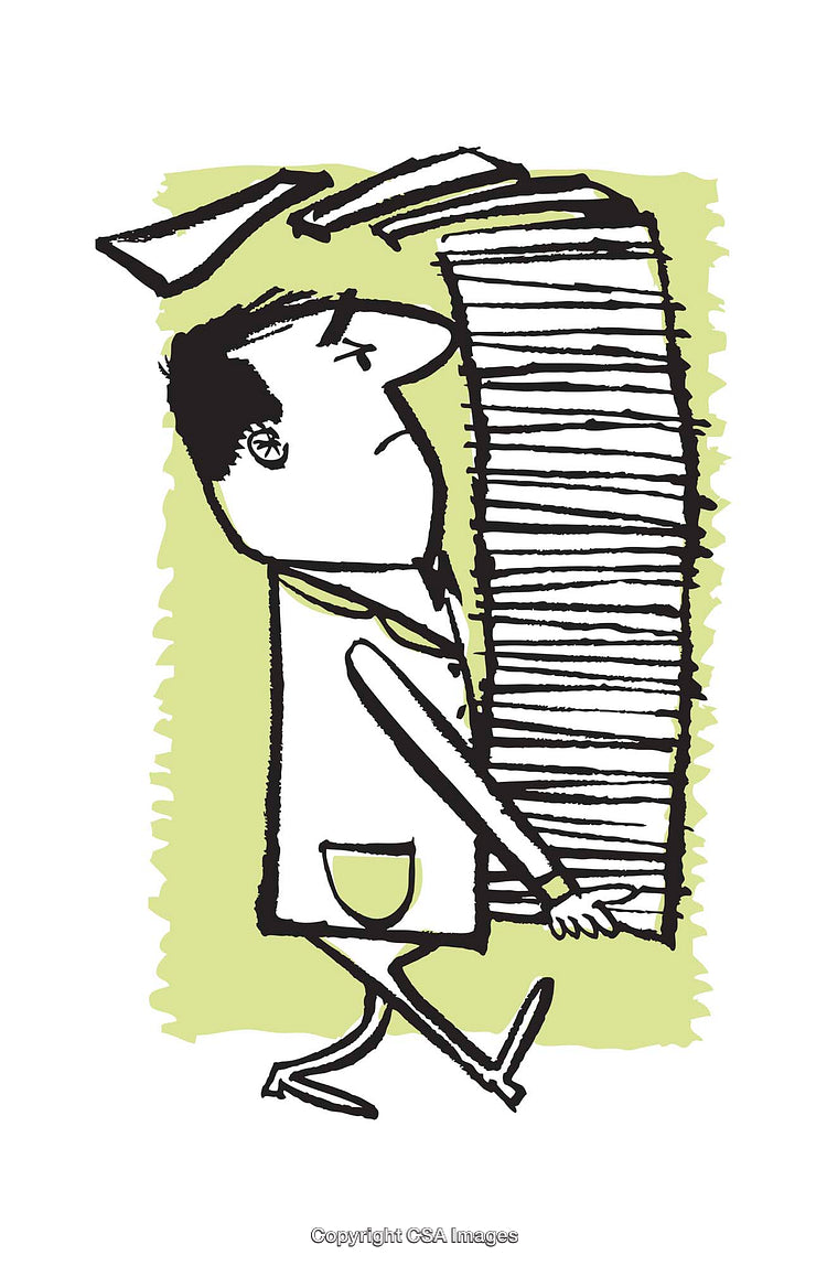 Cartoon Illustration of an Overloaded Office Worker Carrying Tall Stack of Papers