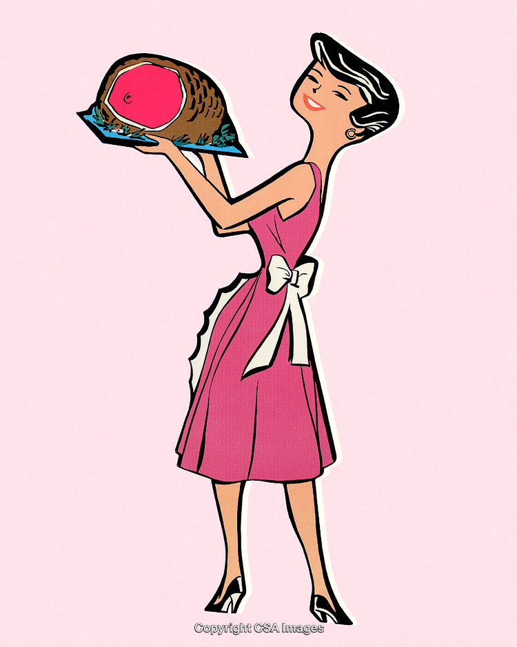 Retro Illustration of Woman Joyfully Displaying a Delicious Cooked Ham
